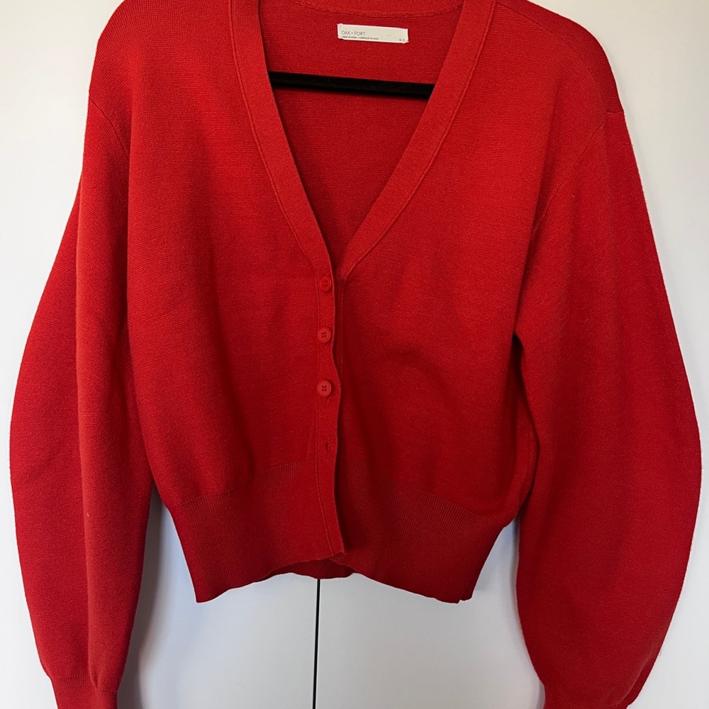 OAK + FORT Rust Cropped Cardigan Sweater with Balloon Sleeves